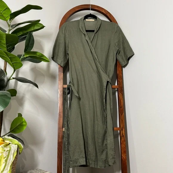 Rachael Harrah MEDIUM Olive Green 100% Linen Wrap Dress USA Made - Picture 1 of 9
